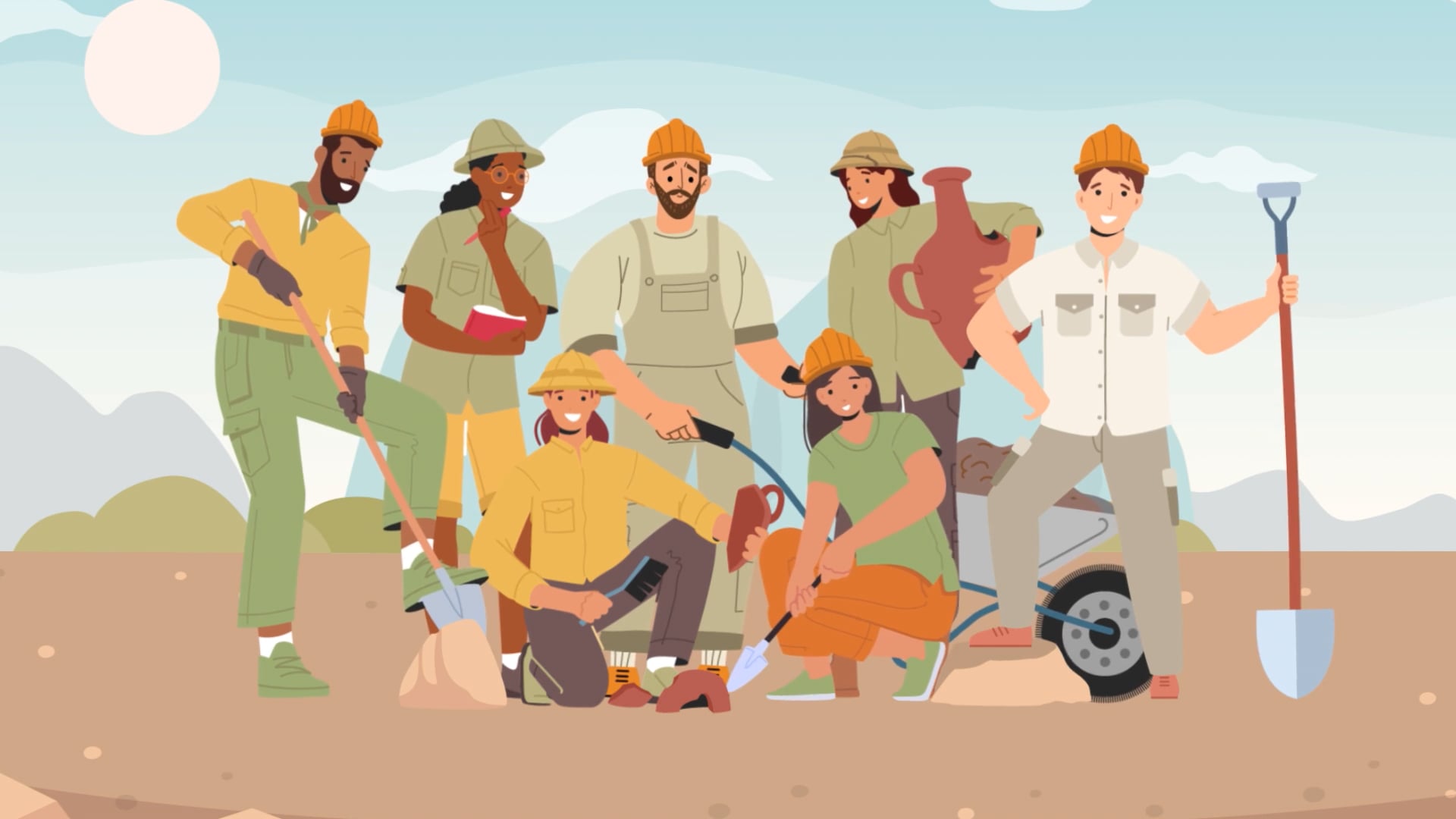 Dibuix d'un equip d'arqueòlegs treballant a la natura. 